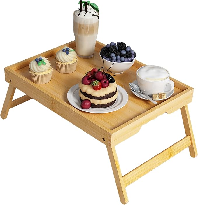 Youpehom Bed Tray Table with Folding Legs,Bamboo Breakfast in Bed for Kitchen Serving Tray,Sofa,Eating,Used As Laptop Desk Snack Tray (Bamboo, Large)