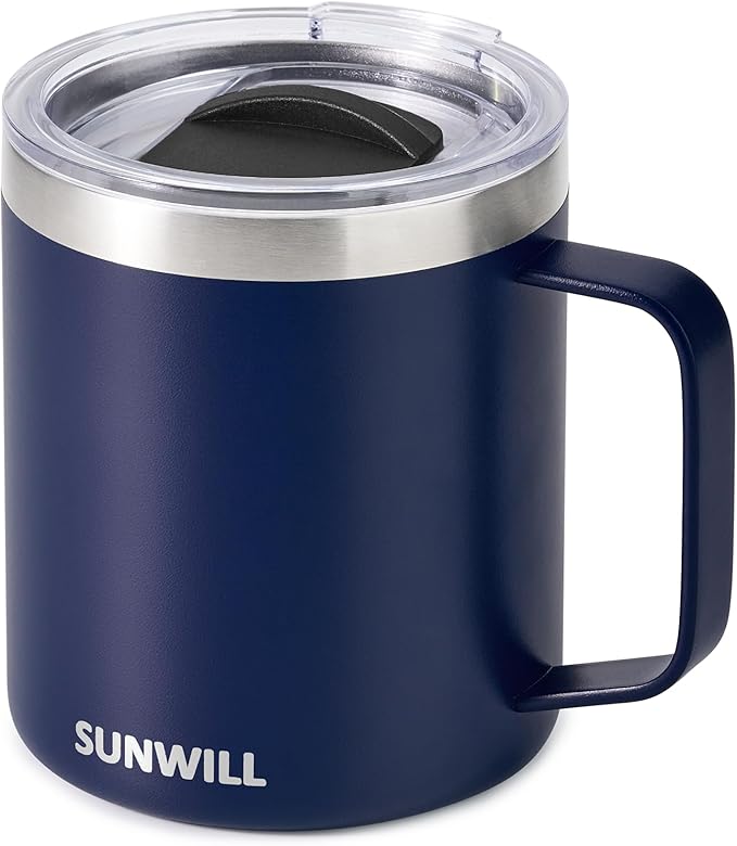 SUNWILL Insulated Coffee Mug with Lid, Travel Tumbler with Handle, 14oz Stainless Steel Cup for Camping, Office, Home, Pow...