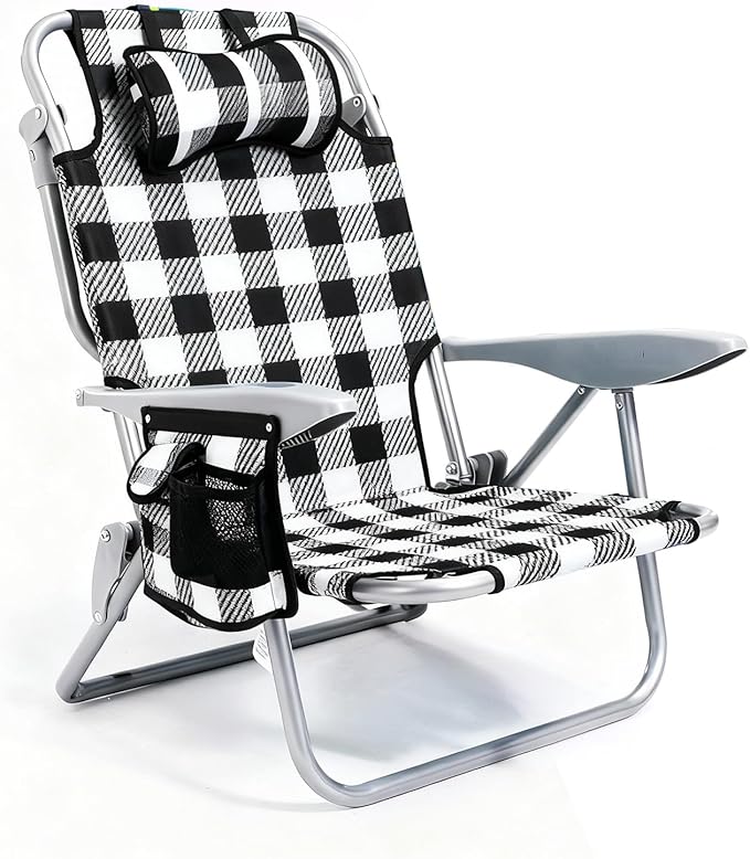 Canpsky Portable Beach Chair for Adults, Outdoor Camping Chair Lay Flat Folding Backpack Beach Reclining Chair with 5 Positions, Headrest, Cup Holder, Heavy Plaid