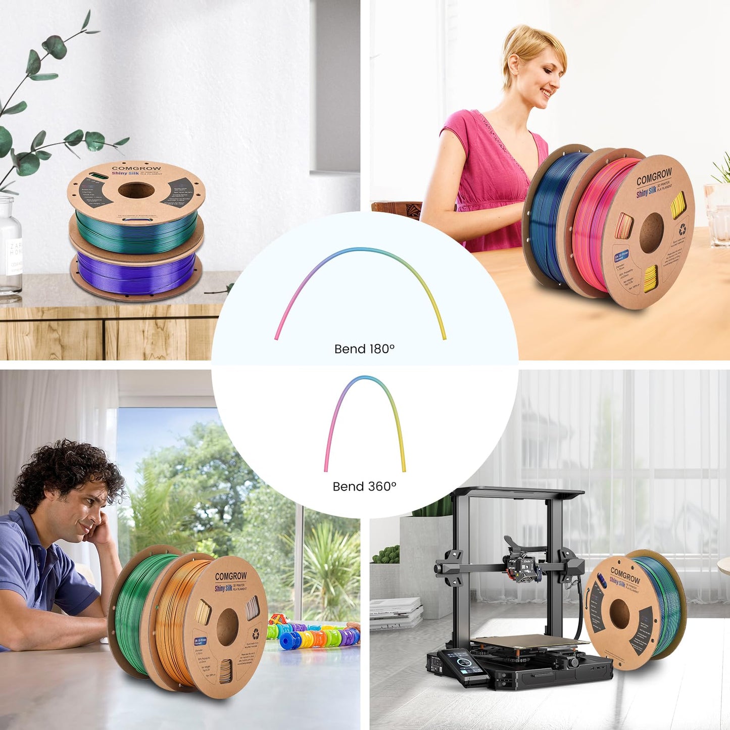 Comgrow Tri-Colors Silk PLA 3D Printer Filament, Rainbow PLA Filament 1.75mm, Dimensional Accuracy +/- 0.02 mm, 1KG Spool, Coextrusion 3D Filament with Shiny Silk Red-Blue-Yellow