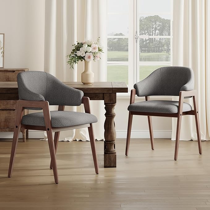 MALOL Wooden Dining Chairs Set of 2, Modern Fabric Upholstered Dining Room Chair, Kitchen Side Chairs, Farmhouse Dinner Chair with Curved Open Back for Kitchen, Grey