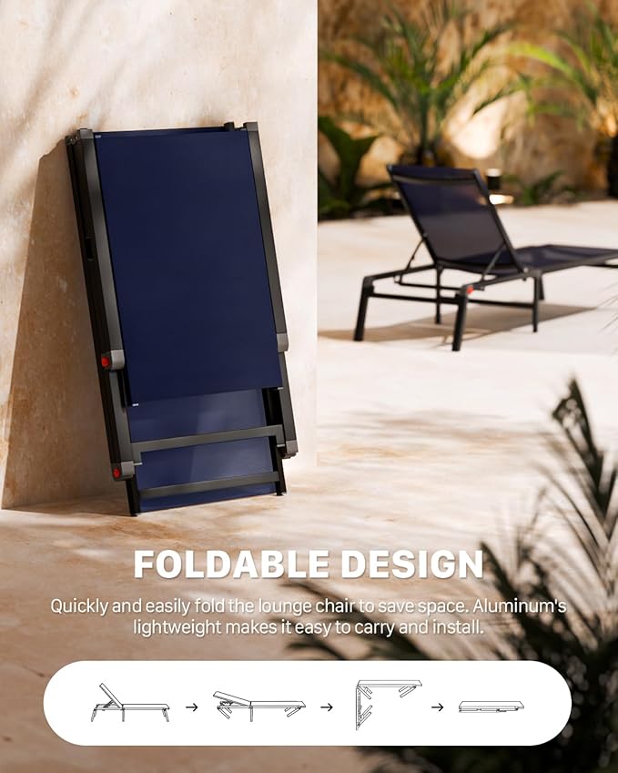 Aluminum Chaise Foldable Patio Lounge Chair Outdoor, Deck Lounger Adjustable 5-Position Recliner Pool Chase Breathable Full Flat Outside Sun Tanning Chairs for Beach/Poolside/Lawn(Navy Blue, 1Pack)