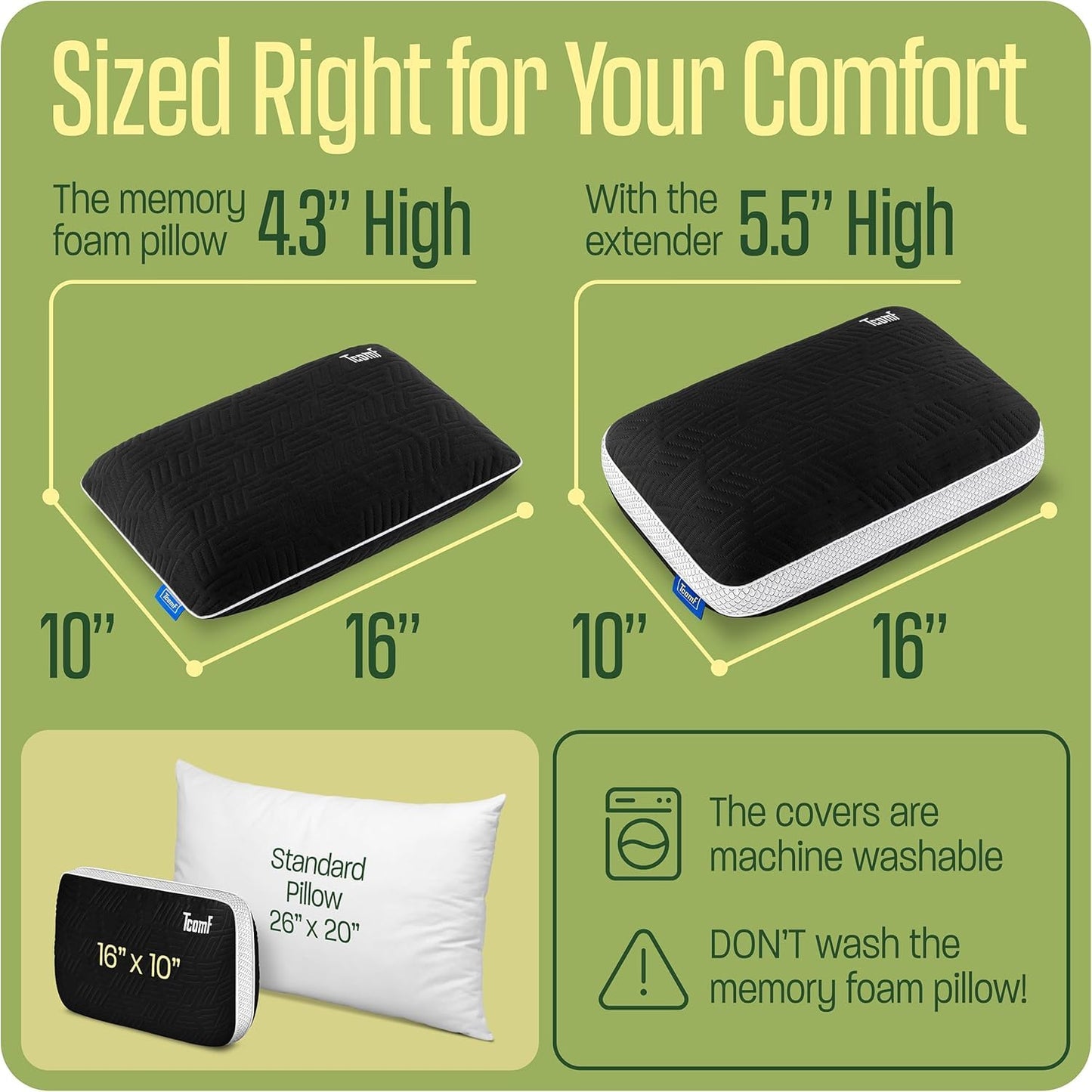 TCOMF Camping Pillow: Dual Cover, Memory Foam Travel Pillow, Medium Firm Camp Pillow, Camping Pillows for Sleeping, 5 Layers for Support, Small Travel Pillow,Small Portable Pillow 10x16 Inches (Black)