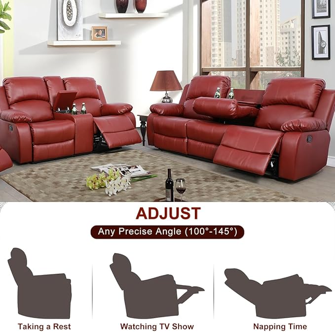 A Ainehome Living Room Furniture Set Leather Recliner Sofa Set Loveseat Chair Furniture Sofa Set for Living Room/Small Space/Rv/House/Office/Theater Seating (A-Red Leather, Sofa+Loveseat)
