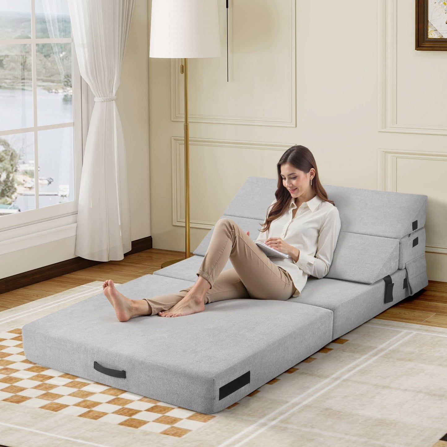 Aivermeil Folding Sofa Bed Couch Futon Sleeper Chair with Pillow, Convertible Futon Couch, Foldable Mattress, Washable Cover, for Living Room/Dorm/Guest Room, Single Size, Light Gray