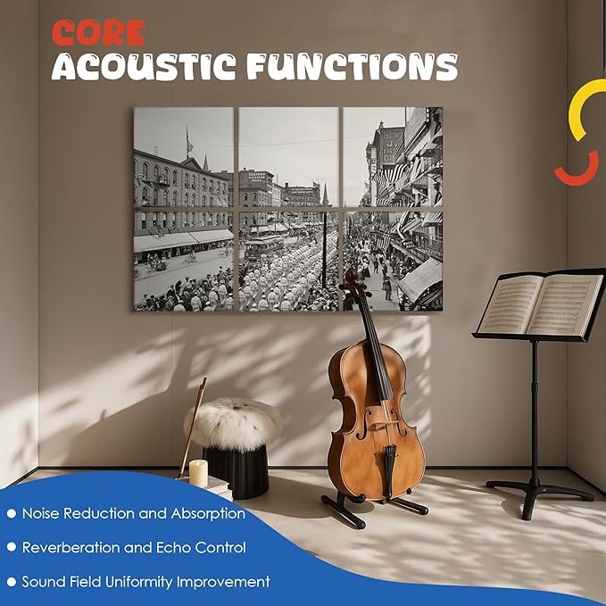 EVENRISING Acoustic Wall Panel 6 Pack, 23.6"x23.6"Decorative Art Soundproof Panel, Sound Absorb Self-Adhesive Panel, Acoustic Treatment for Studio, Home Theater, Office (Spectacle March 1900)