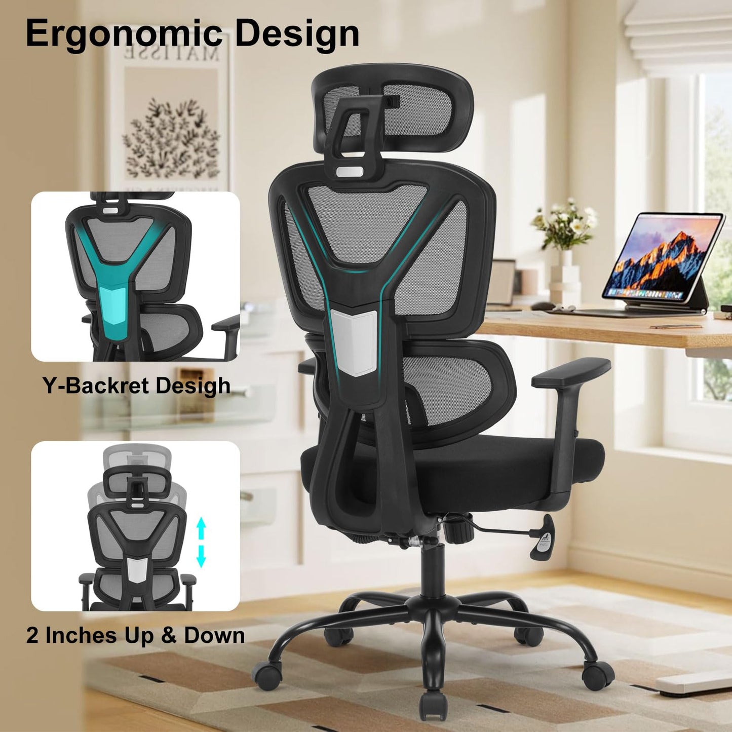 Executive Office Chair, Ergonomic High Back Mesh Desk Chair with Adjustable Height & Armrests, Lumbar Support Swivel Task Chair, 350LBS Executive Computer Chair for Home Office Study Meeting