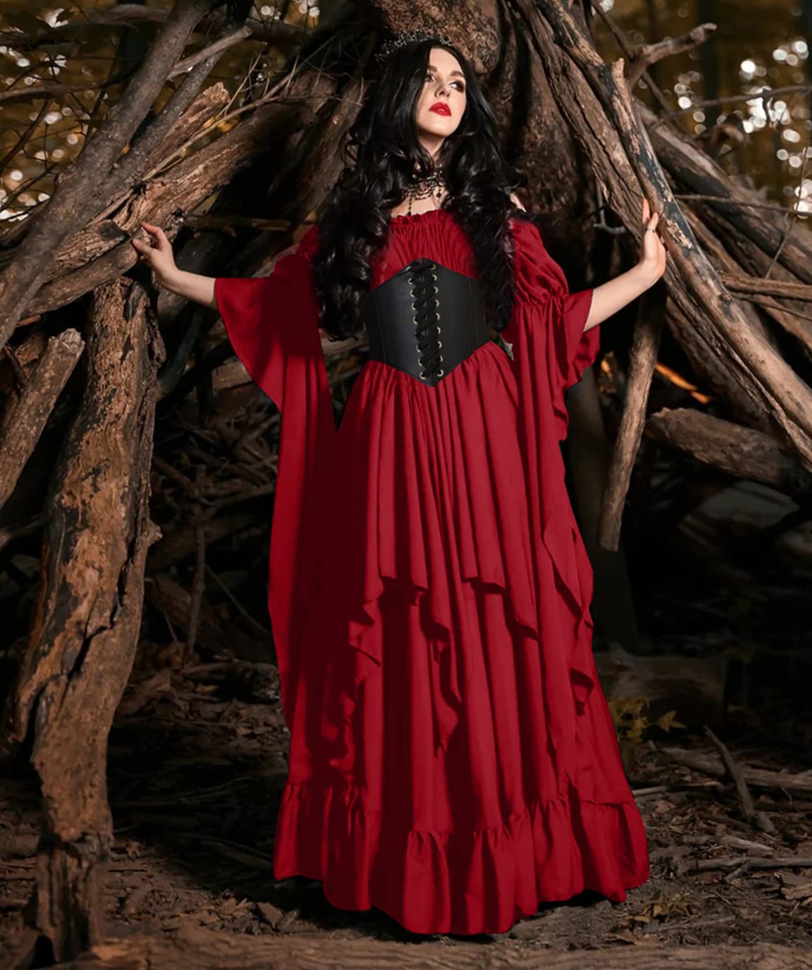 BITSEACOCO Women Medieval Victorian Off Shoulder Dress, Gothic Puff Sleeve Irish Chemise Dresses, Renaissance Costume High Low Long Skirts (S, Wine Red)