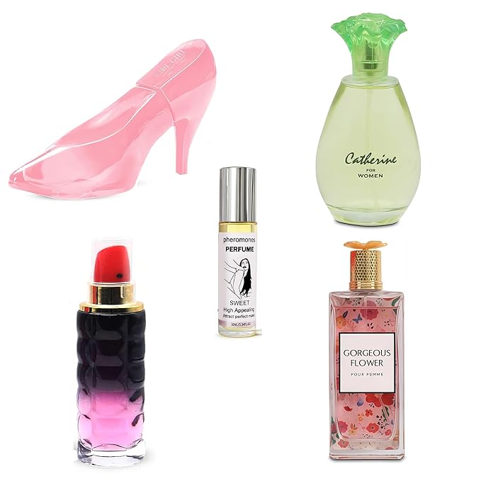 4-Piece Women's Perfume Set with 10ml Rollerball, EDP Collection, Variety of Fragrances,Long Lasting Fragrance (Catherine/Kiss Me/Gorgeous Flower/COOL GIRL-Pink)
