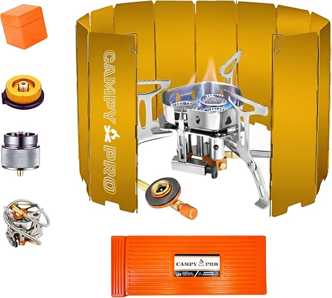 CAMPY PRO 6800 W Portable Gas Stove with Orange 12-Plate Windscreen, Portable Gas Burner, Piezo Ignition, Includes Butane,...
