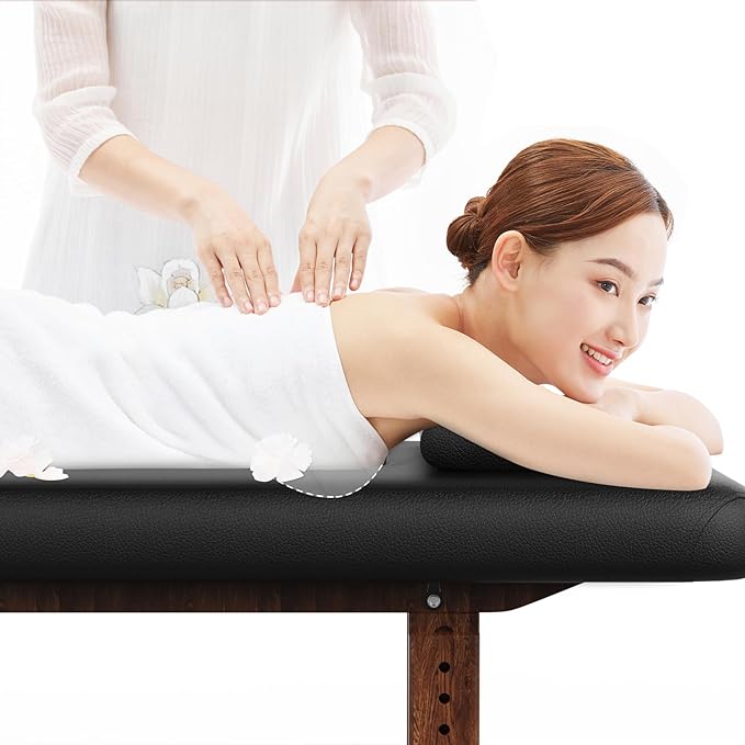 pouseayar Stationary Massage Table with Adjustable Height Legs for Treatment, Physical Therapy, Spa Facial Professional Massage Bed, Black PU Leather 31.5'' Wide - 700LBS Load, Heavy Duty Wood Frame