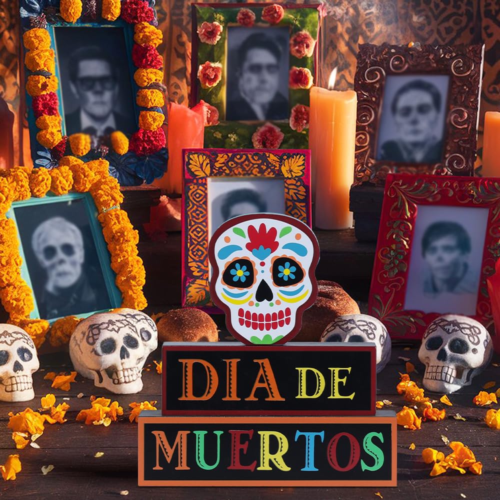 DECSPAS Day of The Dead Decorations, Wood Block Sugar Skull Dia De Los Muertos Decorations with Dia DE Muertos Sign, 3-Layered Wooden Skeleton Decor for Altar, Ofrenda, Home, Table, Mexican Fiesta
