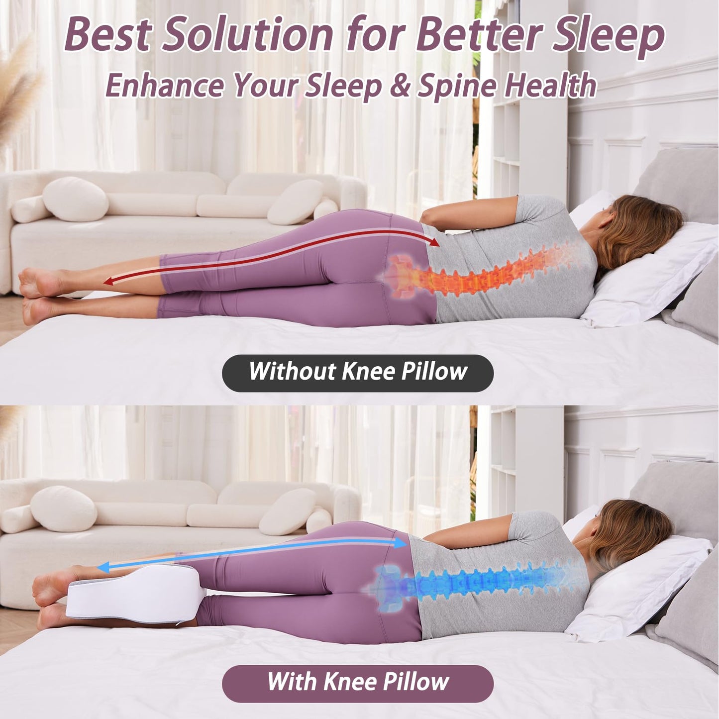 GESTONE Knee Pillow for Side Sleepers,Knee Leg Pillow for Side Sleeping,Back Knee Sciatica Pain Relief Side Sleeping Pillow,Smooth Spine Alignment Pillow