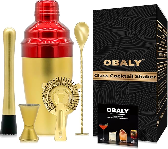 OBALY Bartender Kit 5-Piece Cocktail Shaker-Muddler for Cocktails Boston Shaker-Bar Accessories with Stylish Bamboo Stand ...