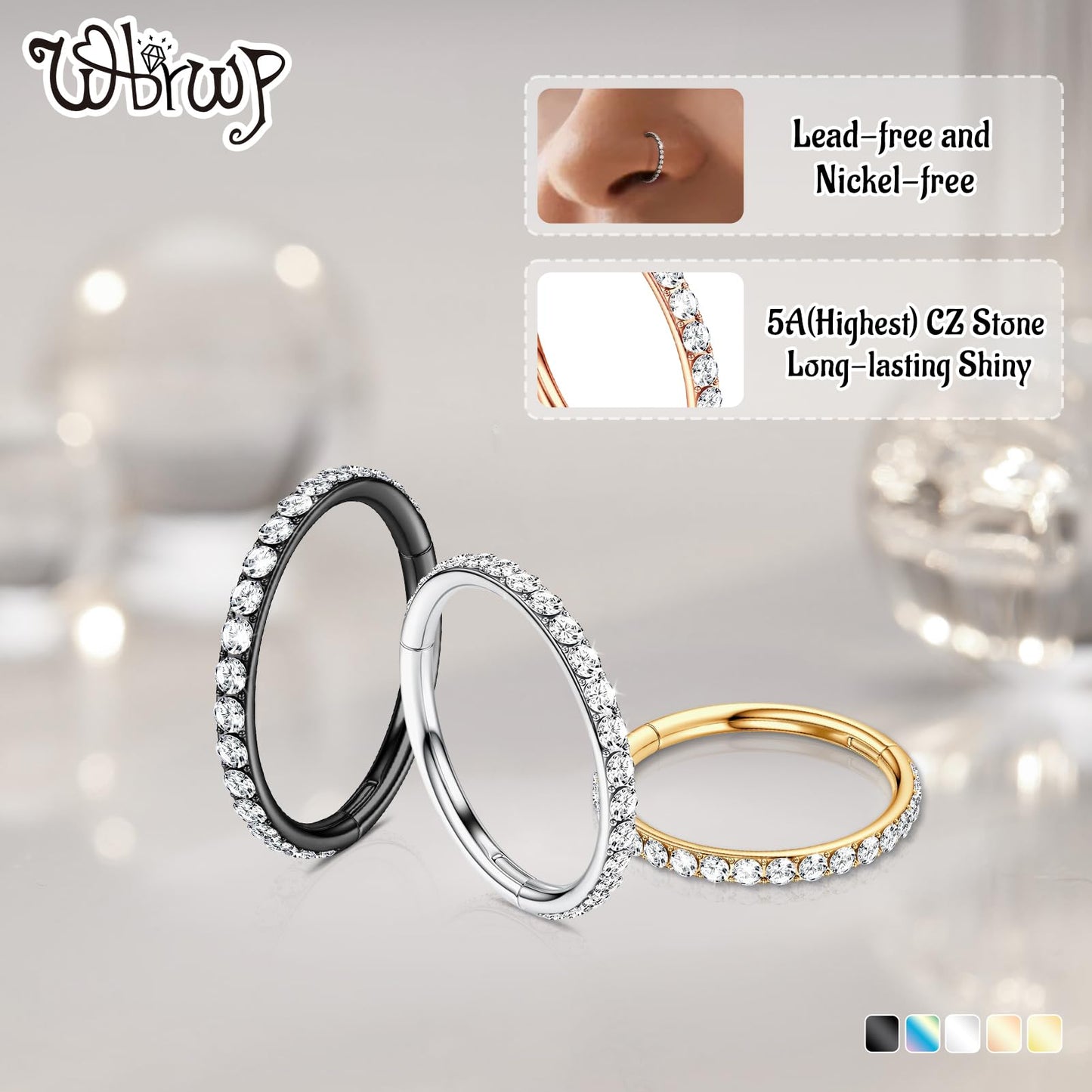 WBRWP 316L Surgical-Steel Hinged Nose Rings Hoop with Zircon 18G(1.0mm) Women and Men Body Pierecing Ring Septum Clicker Helix H