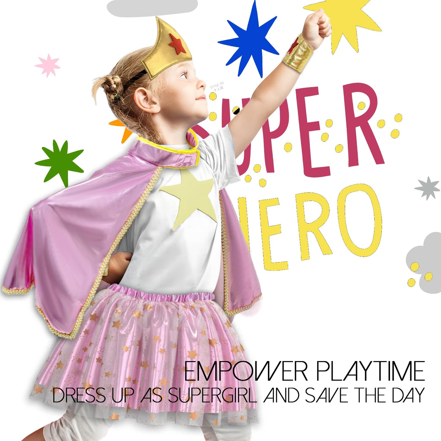 iROLEWIN Wonder Star Superhero-Costumes for Girls Dress-Up Super-Hero-Capes for Kids Tiara Tutu as Halloween Birthday Gifts