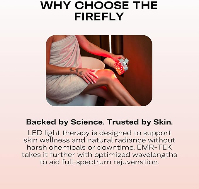 EMR-TEK Firefly Portable Red Light Therapy for Face & Body | Blend of Red (630nm 670nm) & Near-Infrared (830nm) Light | First-Ever Cordless COB Red Light Device | Flicker-Free, Travel Case Included