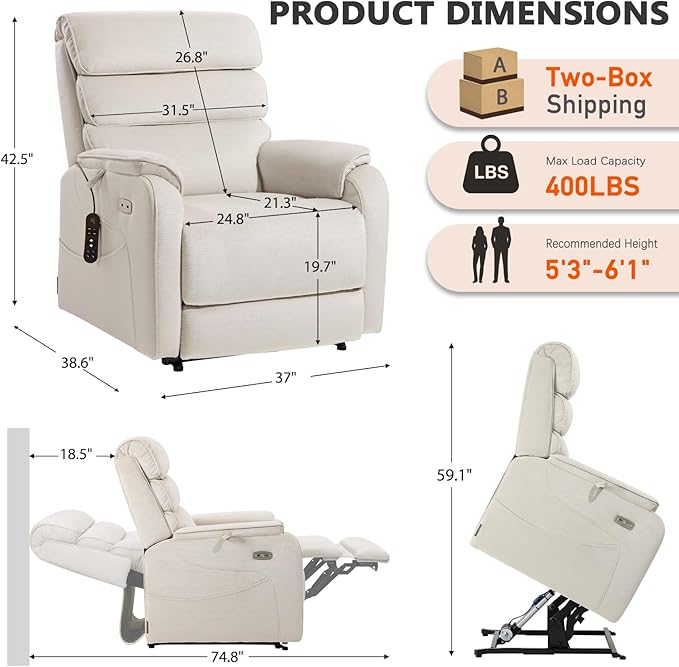 EONIX Wide Lay Flat Power Lift Recliner Chair for Elderly, Heavy Duty Oversized Fabric Lift Chairs Recliner Sofa with Heat and Massage and Charging Ports, Chenille White