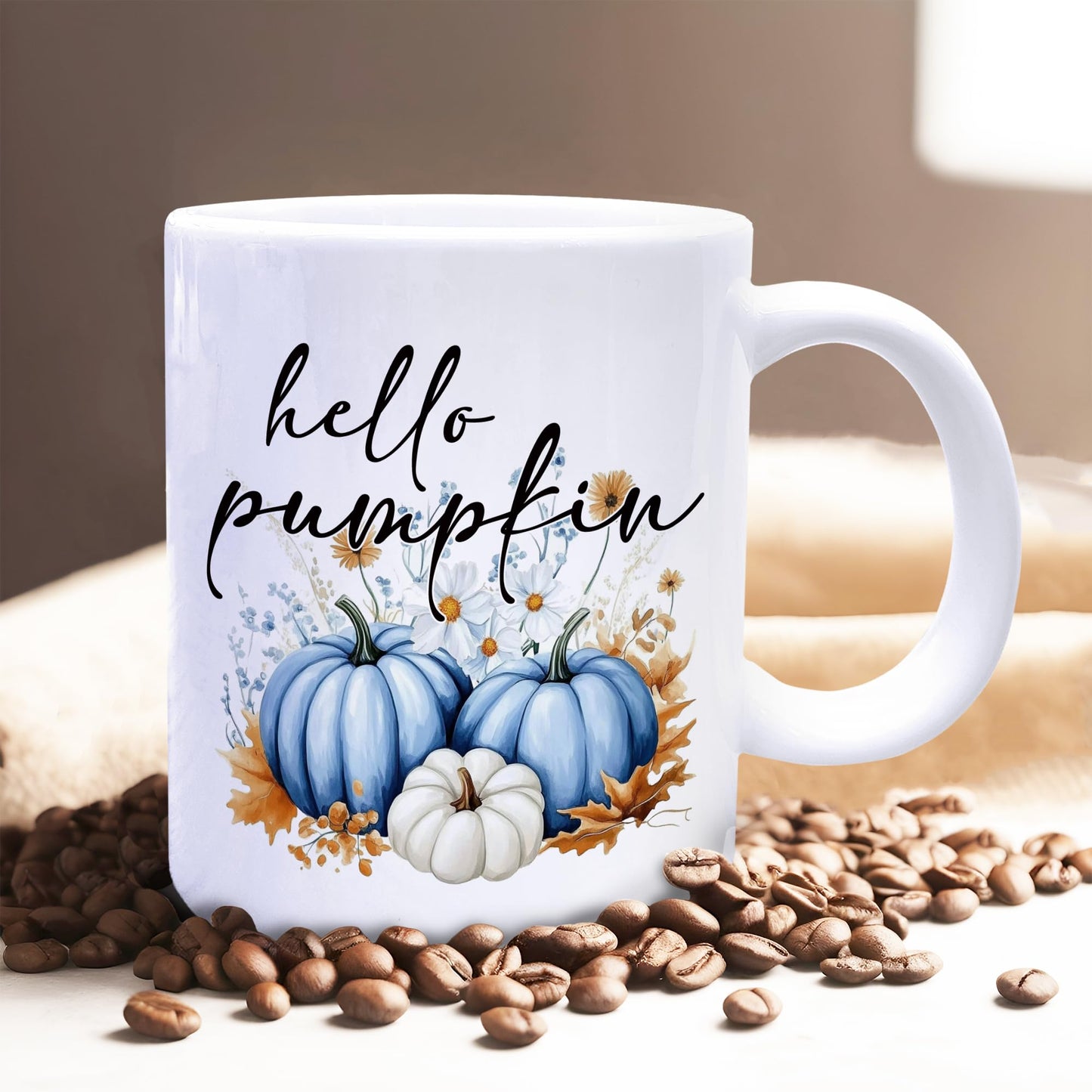 Foyoulame Fall Pumpkin Coffee Mugs, Hello Pumpkin Mug, Blue and White Pumpkins Coffee Teacup, Fall Thanksgiving Gifts for Women, Autumn Gifts for Women, Autumn Pumpkins Ceramic CoffeeMug 11oz