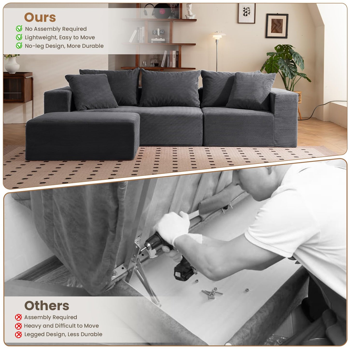 108" L-Shaped Boneless Couch, Modular Sectional Sofa with Moveable Ottoman, Corduroy Cloud Couches for Living Room, No Assembly, Ship in a Box, Ash Gray