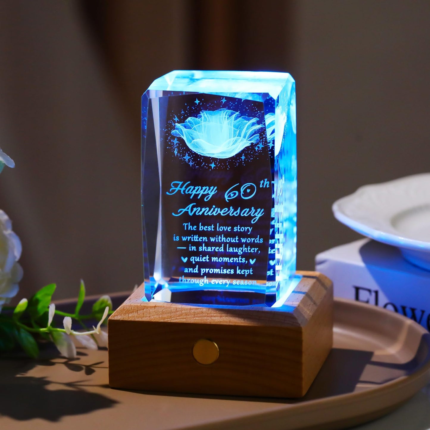 YWHL 60th Wedding Anniversary Crystal Gifts for Parents Grandparents, 60 Year Anniversary Glass Keepsake for Wife Husband, Romantic 3D Rose Gifts for Couples