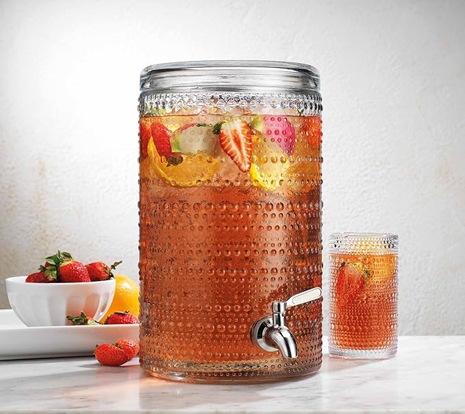Glavers 2 Gallon Beverage Dispenser Clear Glass Hobnail Beaded Jug, Tight Lid, Side Press Stainless Steel Spigot. Cocktail...