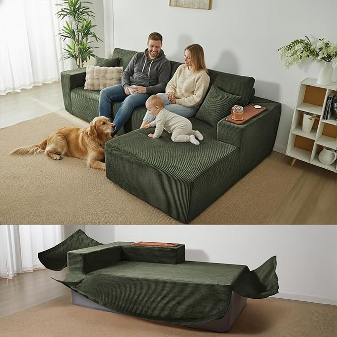 Modular Sectional Sofa Cloud Couch with Multi-Functional Armrests, Boneless Plush L-Shape Living Room Couch with Deep Seat, Fluffy Comfy Sleeper Sofa Easy Assembly (Green, Left Chaise)
