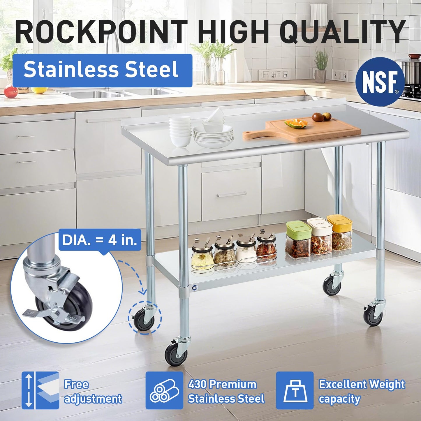 Stainless Steel Table for Prep & Work with Caster & Backsplash 24x60 Inches, NSF Metal Commercial Kitchen Heavy Duty Table with Adjustable Under Shelf and Table Foot for Restaurant, Home and Hotel