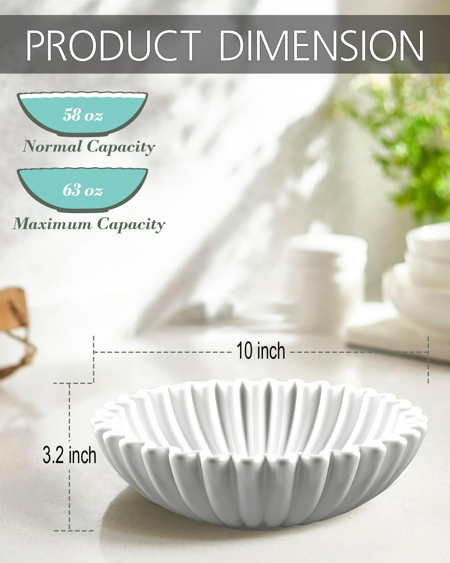 Handmade Ceramic Fruit Bowl for Kitchen Counter, Large Decorative Bowl for Home Decor, White Scalloped Ruffle Bowl for Centerpiece, Entryway Bowl, Microwave and Dishwasher Safe, 10" L x 10" W x 3.2" H