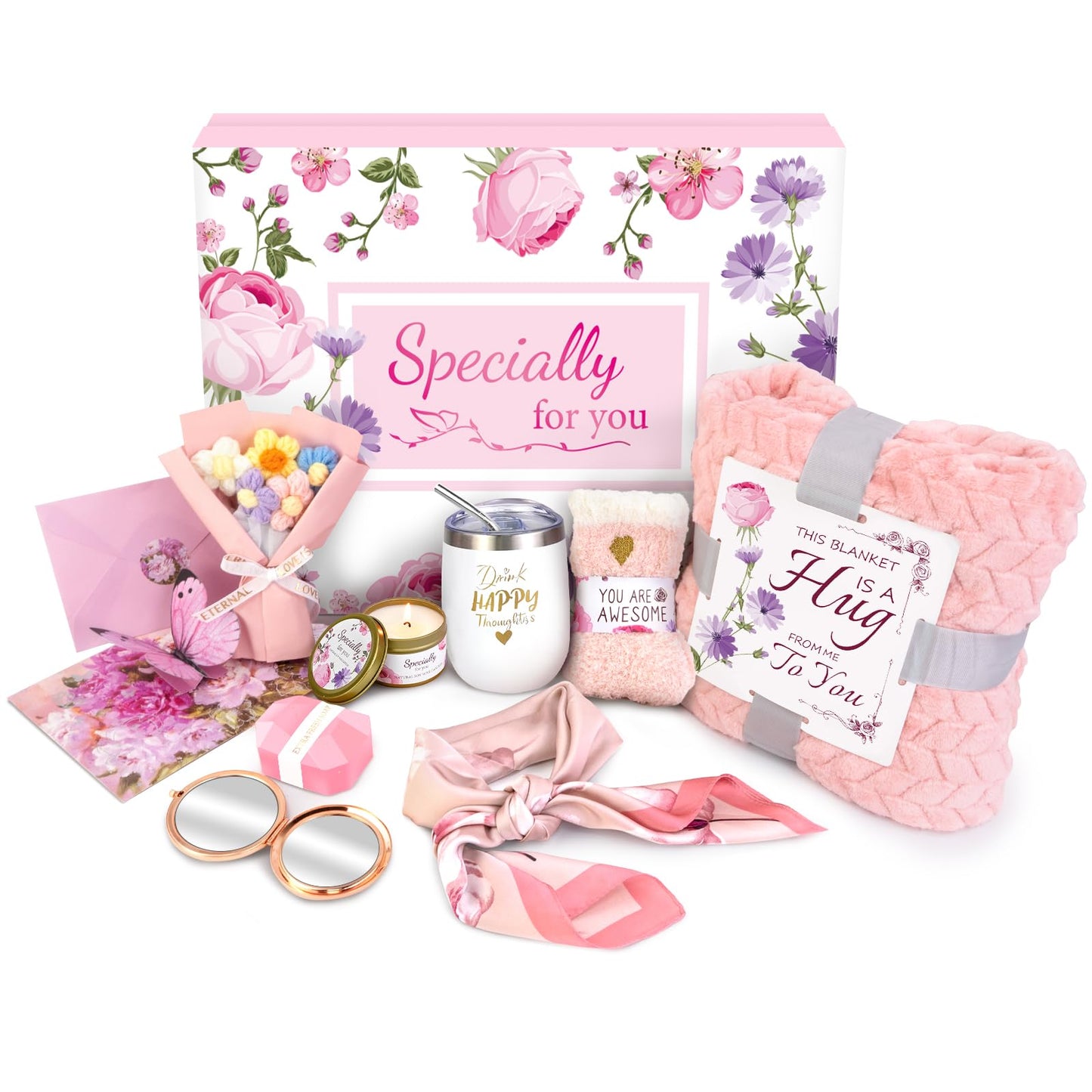 ElatedMore Birthday Gifts for Women Friendship Self Care Package Gifts for Women Get Well Soon Gift Baskets Relaxing Blanket Gifts Box for Sister Mom Wife Friend Her Fantasy Box (Pink)