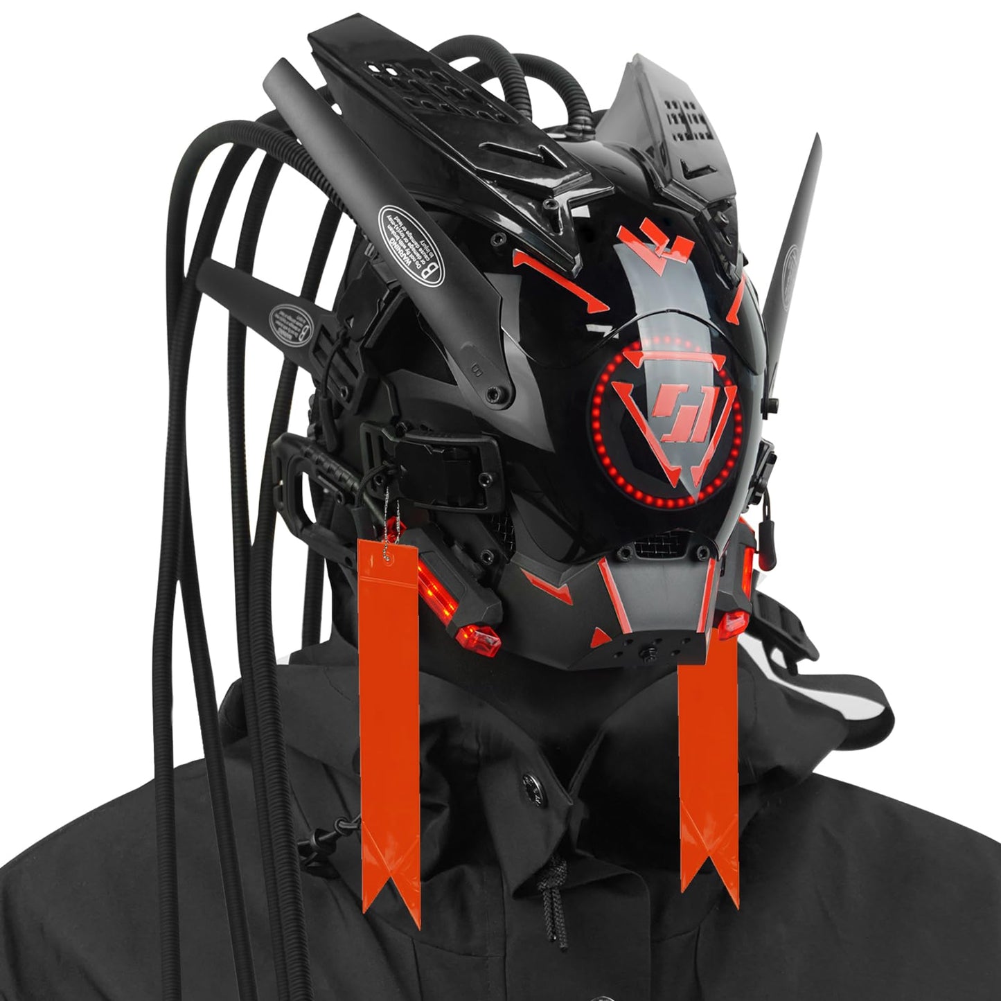 foymi Punk Helmet Mask Round Light LED Light with Braids, 6 Punk Stickers, Futuristic Mask for Cosplay, Music Festival, Halloween