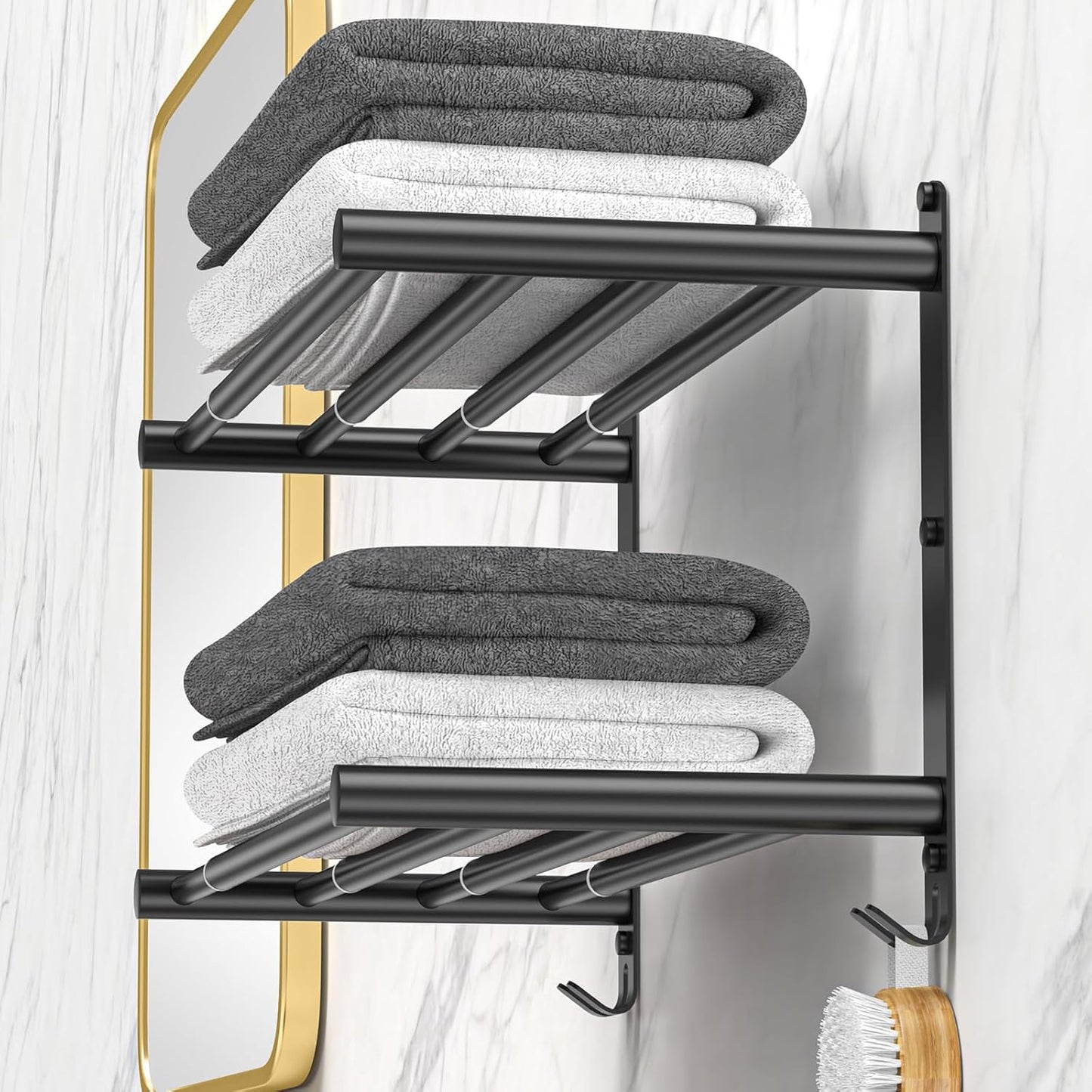 Black Adjustable Towel Bar for Bathroom Wall Mount17-30.7inch Adhesive Shower Towel Rack Stainless Steel Bath Towel Holders for Toilet Kitchen Double Towel Hanger (Black Double Towel Rack)