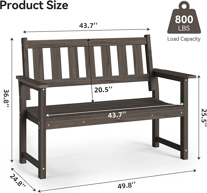 ACUEL HDPE Outdoor Bench – 50'' Weatherproof Durable Outdoor Bench, 2-Person Park Bench, Easy to Move, Multi-Purpose Design Ideal for Porch, Patio, Church, and School (Dark Brown)