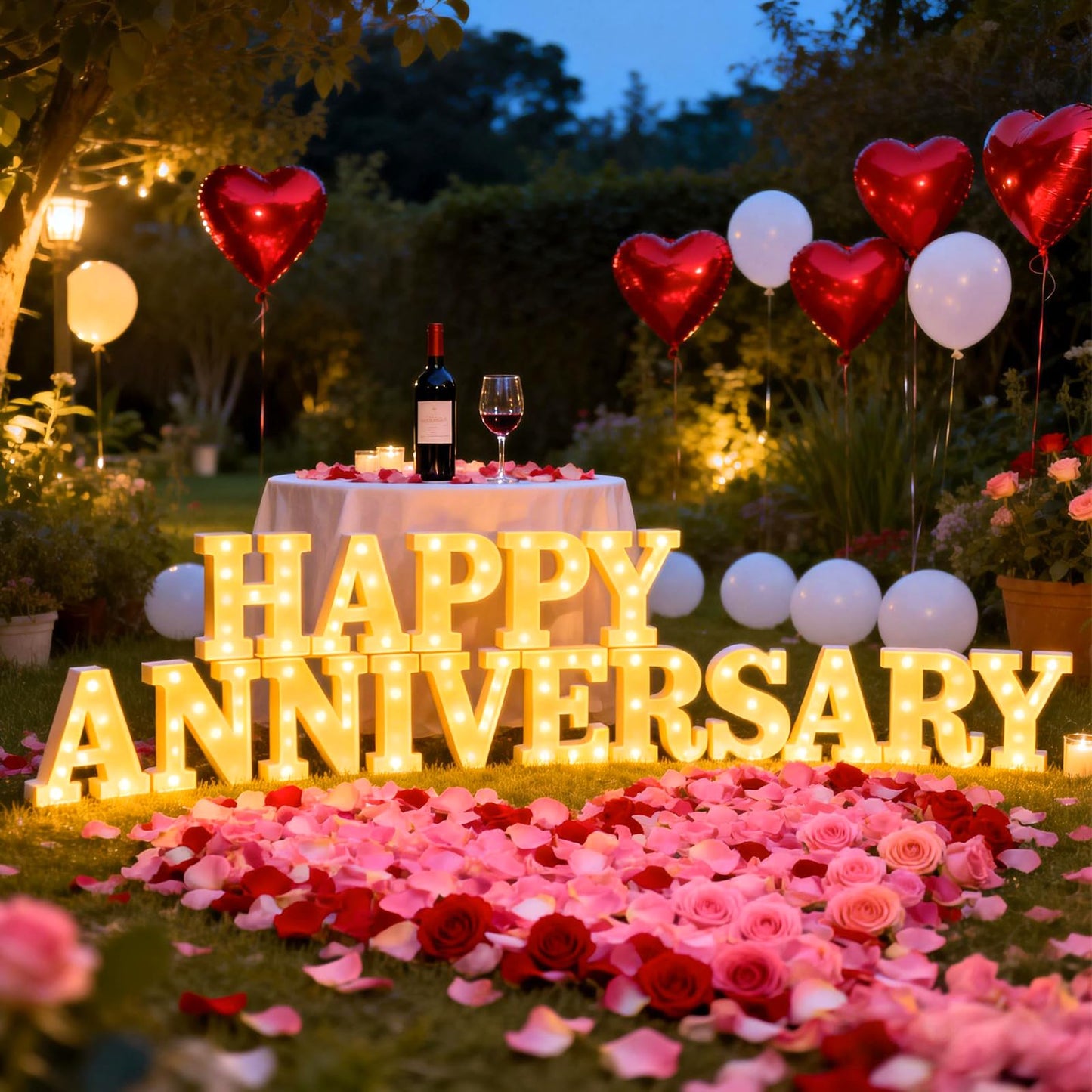 Happy Anniversary Decorations, Light up Letters Sign, with Rose Petals, Round Pearlescent Balloon, Aluminum Balloons, Light LED Neon, Table Decor for Valentine's Day Wedding Romantic Party