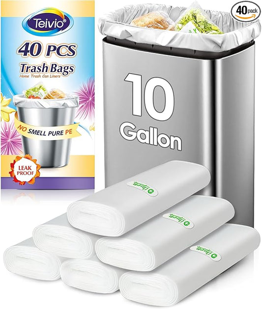 10 Gallon 40 Counts Medium Trash Bags Tall Kitchen Garbage Bags by Teivio, 9 Gallon 10 Gallon 11 Gallon,Bathroom Trash Can Bin Liners, Intended for Home,Plastic Bags for office kitchen, Clear