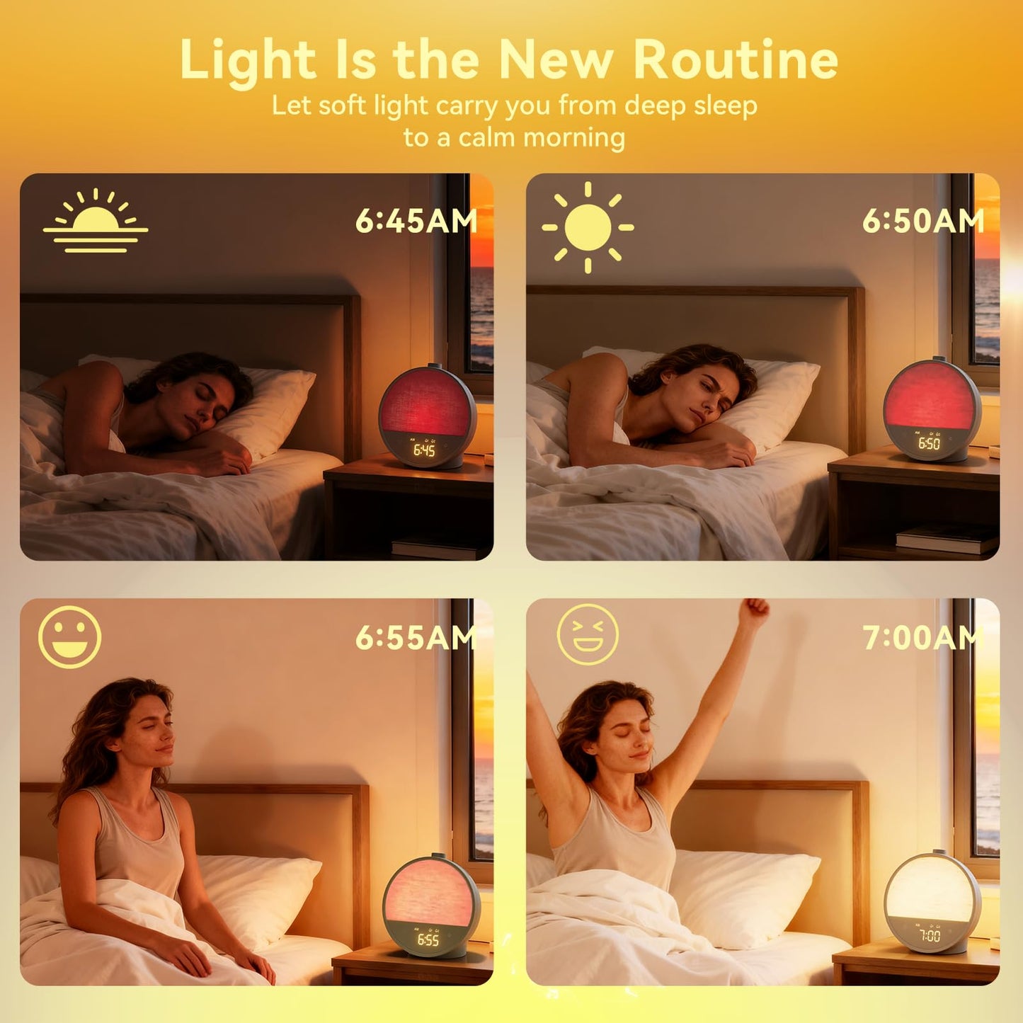 Vivilumens Sunrise Alarm Clock, Gentle Wake-Up Light & Sound Machine, Dual Alarms for Heavy Sleepers Adults, Natural Sounds, RGB Mood Light, Dimmable Bedside Night Lamp Ideal for Bedroom & Gifts