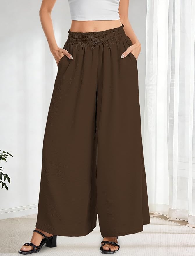 Women’s Wide Leg Pants Drawstring Elastic Waist Casual Trousers Lightweight Loose Lounge Pants with Pockets