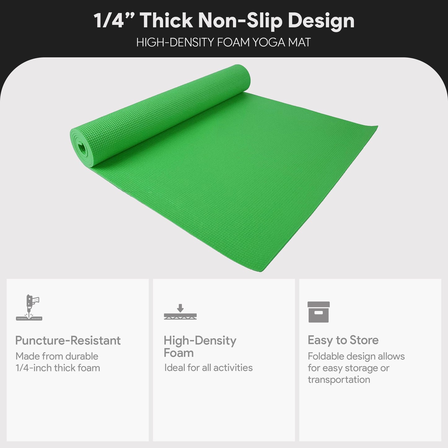 Fitvids 1/4-Inch High Density Thick Non Slip Yoga Mat with Knee Pad and Carrying Strap for Workout, Pilates, Gym Home Exercise, Green