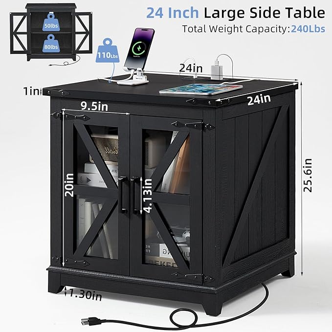 Joaxswe Farmhouse End Table with Charging Station, 24" Large Sofa Side Table with Glass Barn Door,Black Nightstand with Adjustable Storage Shelf,Wood Square Bedside Table for Living Room,Bedroom