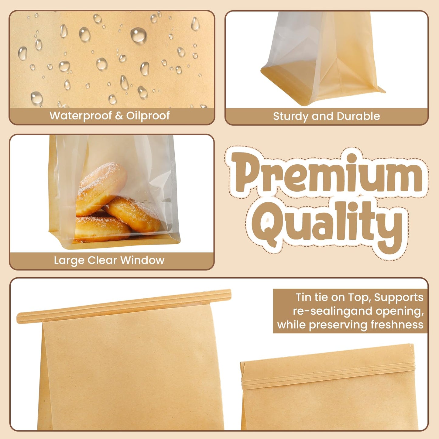 HONKID Bread and Cookie Bags with Seal, 50 Pack 11 x 5.1 x 3.9 Inches Bakery Bags with Window Reusable Tin Tie Tab Lock for Sealed Baked Goods Packaging for Pastry Bagels Breads Goodies Cookie Brown