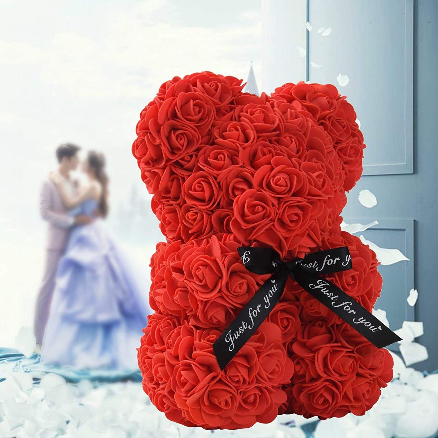 KZEBRA Rose Bear Xamas Gift for Girlfriend, Forever Rose Preserved Flowers Cub for Her Valentines Day, Wedding, Mothers Day, Date, Birthday and Anniversary with Transparent Box