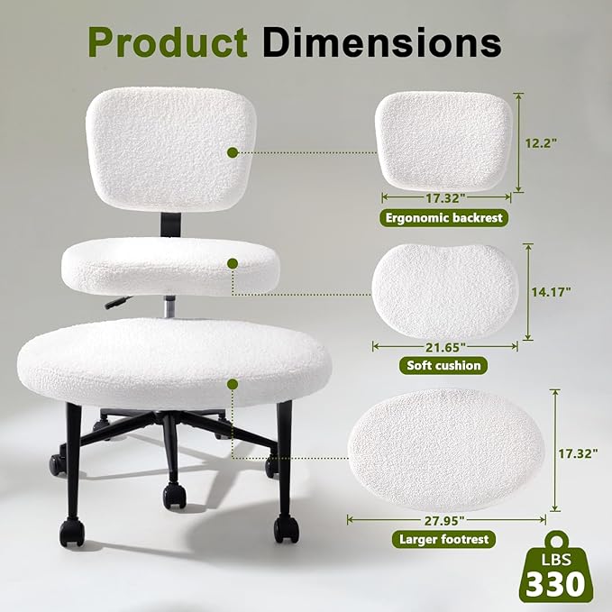 VITESSE Cross-Legged Ergonomic Chair 360° Swivel with Wheels, Adjustable Meditation Seat for ADHD, Lumbar Support, Teddy Fabric Home Office Chair,Off White