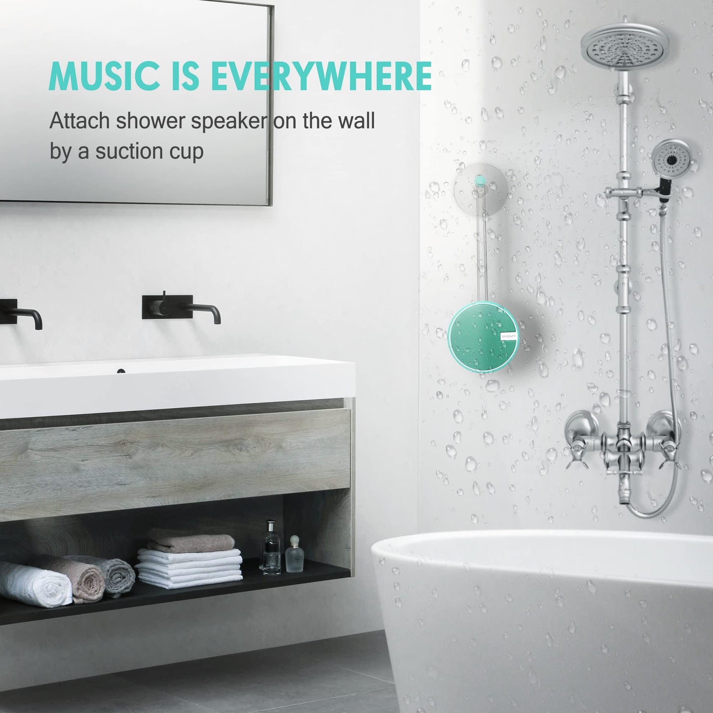 INSMY C12 IPX7 Waterproof Shower Bluetooth Speaker, Portable Small Speaker, Speakers Bluetooth Wireless Loud Clear Sound Support TF Card Suction Cup for Outdoor Kayak Canoe Beach Gift (Mint)