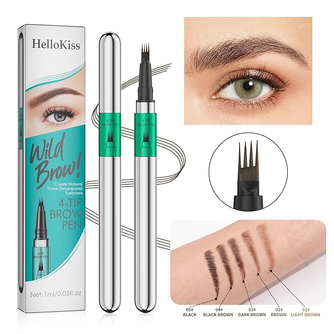 Microblading Eyebrow Pen - Waterproof Eye Brow Pen with 4-Fork-Tip Liquid Brow Pens for Natural Looking Defined Eyebrows (Dark Brown)