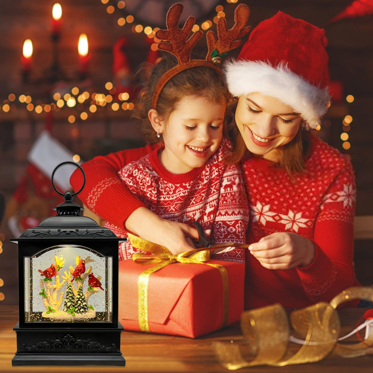 AOMIL Christmas Snow Globes Lantern with Music & Timer - USB/Battery Operated LED Glittering Globe Lantern, Snow Globe Decoration for Home Holiday Decor (Red Robin)