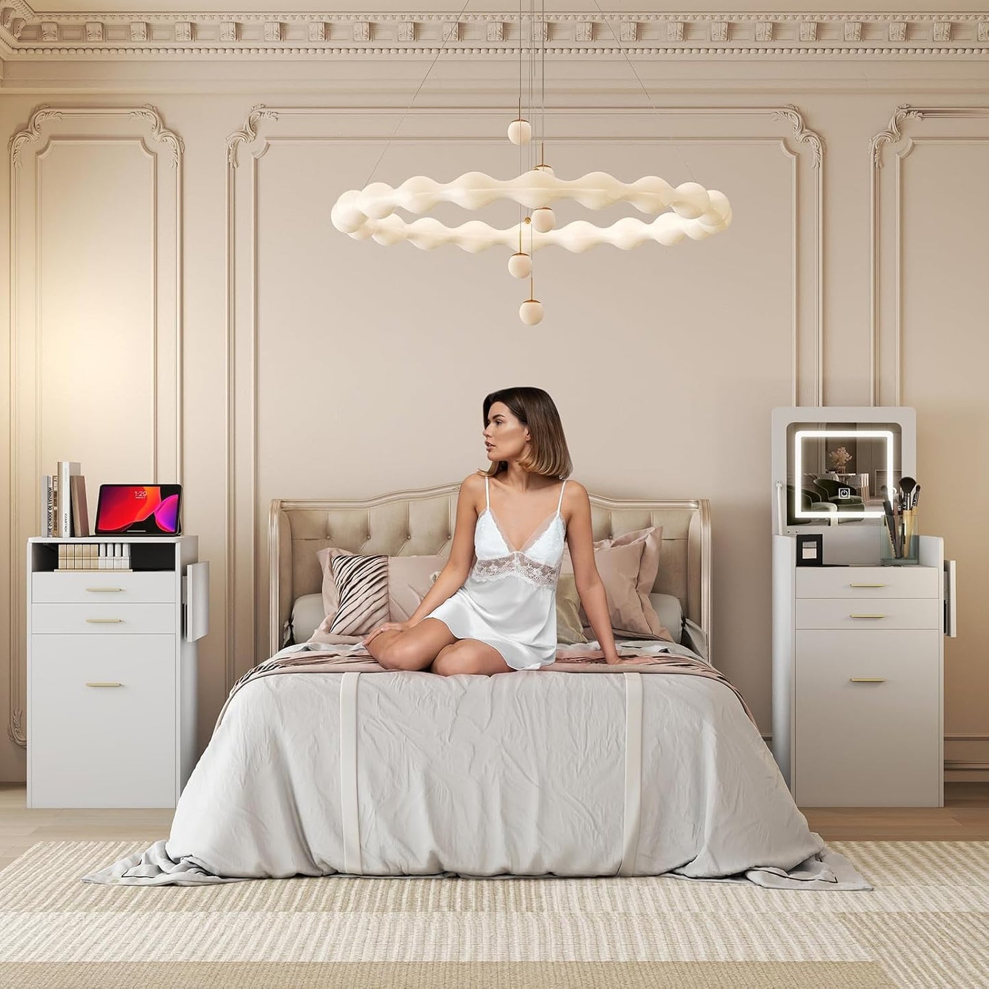 ARTETHYS Small Vanity Desk Set with Flip-top Mirror and Lights White Integrated 3 in 1 Makeup Vanities Set for Compact Space Mini Dressing Table with Fold-up Panel and Storage Chair for Bedroom