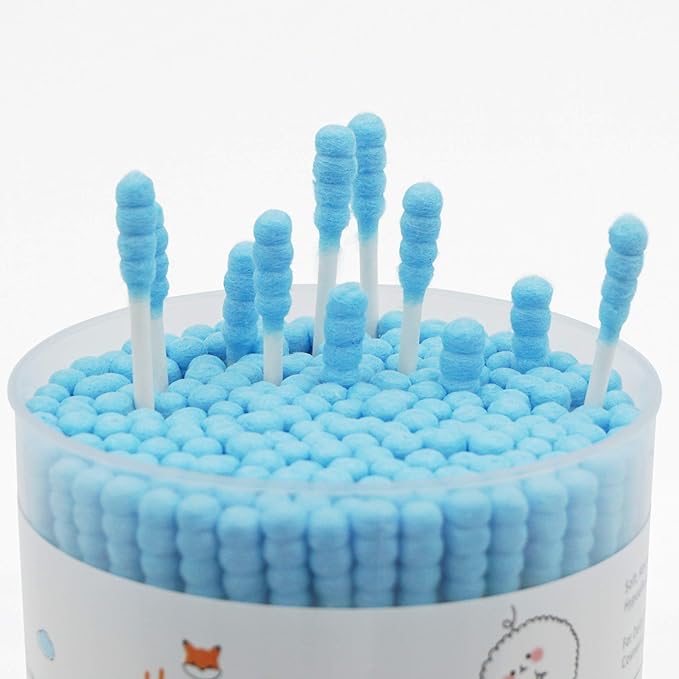 Blue Cotton Swabs Spiral - 200 Count Organic Cotton Buds Double Side Tightly Wrapped Cotton Tips Paper Stick Soft Gentle Lint-Free Cruelty-Free, Round & Spiral (Blue)