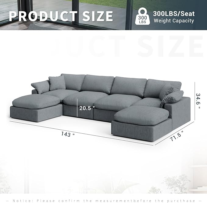 Intuition Decor Modular Sectional Sofa Cloud Couch,Down Filled Comfy Cloud Modern Sofa,Light Blue Linen U Shape 6 Seater Oversized Couch Cushion Covers Removable for Living Room