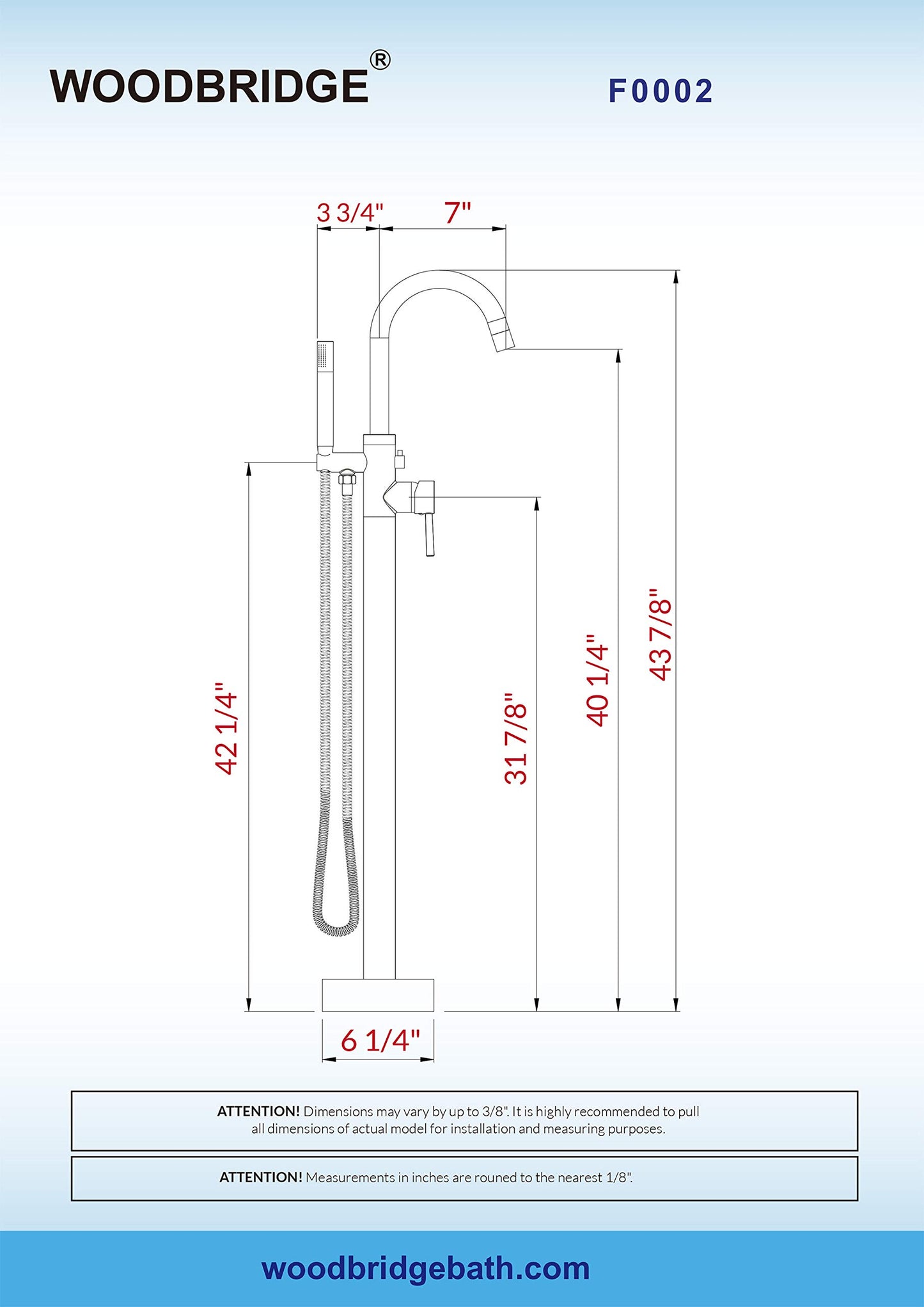 WOODBRIDGE Contemporary Single Handle Floor Mount Freestanding Tub Filler Faucet with Hand shower in Chrome Finish,F0002CHRD