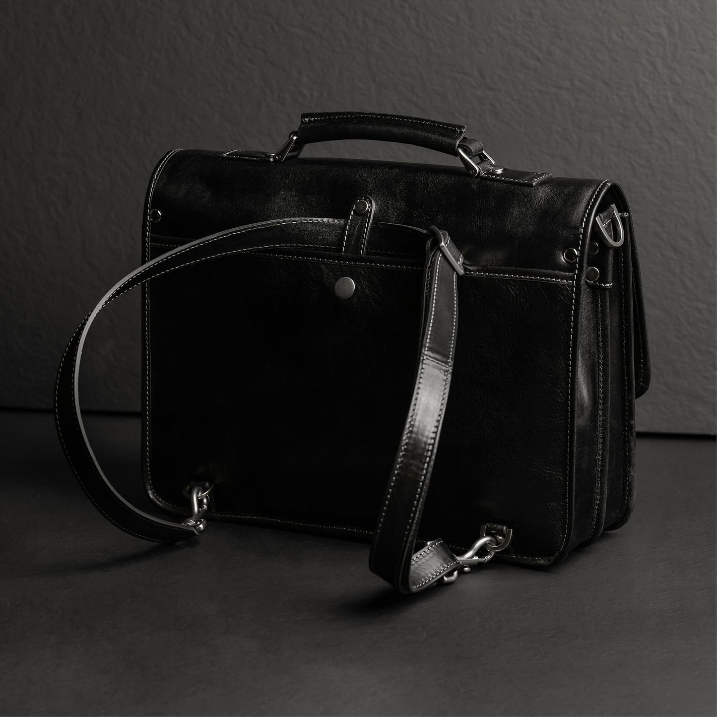 Time Resistance Leather Briefcase – Italian Handmade Leather Laptop Bag – Briefcase Convertible into Backpack (Black)
